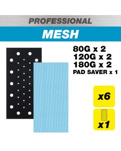 AB/HLF/M7/P - 115 x 230mm 80G/120G/180G Pro Mesh Half Sheet Sanding Pads with Pad Saver, 7 Pack
