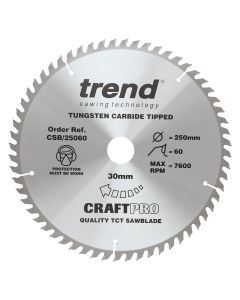 CSB/25060 - Trend Craft Pro 250mm diameter 30mm bore 60 tooth fine finish cut saw blade for table saws