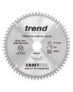 CSB/AP21664 - The Craft Pro 216mm diameter 30mm bore 64 tooth aluminium and plastics saw blade for mitre saws