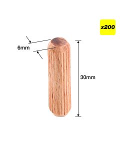 DWL/6X30/200 - 6 x 30mm Wooden Dowels, 200 pack