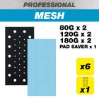 AB/HLF/M7/P - 115 x 230mm 80G/120G/180G Pro Mesh Half Sheet Sanding Pads with Pad Saver, 7 Pack