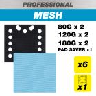 AB/QTR/M7/P - 115 x 107mm 80G/120G/180G Pro Mesh Quarter Sheet Sanding Pads with Pad Saver, 7 Pack